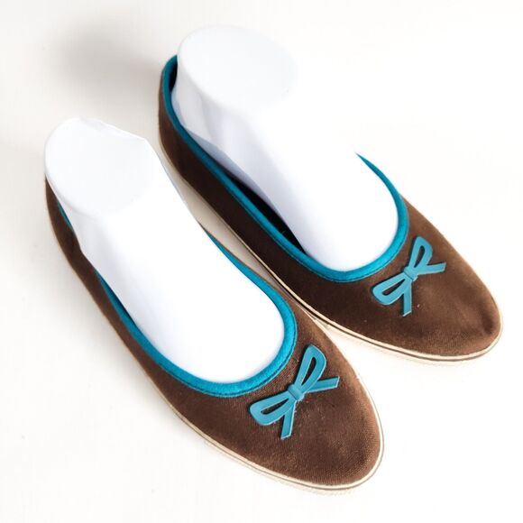 90's Y2K dELiA's Brown Blue Trim Bow Ballet Flats Corley Vegan Size 8 Coquette - Picture 2 of 11